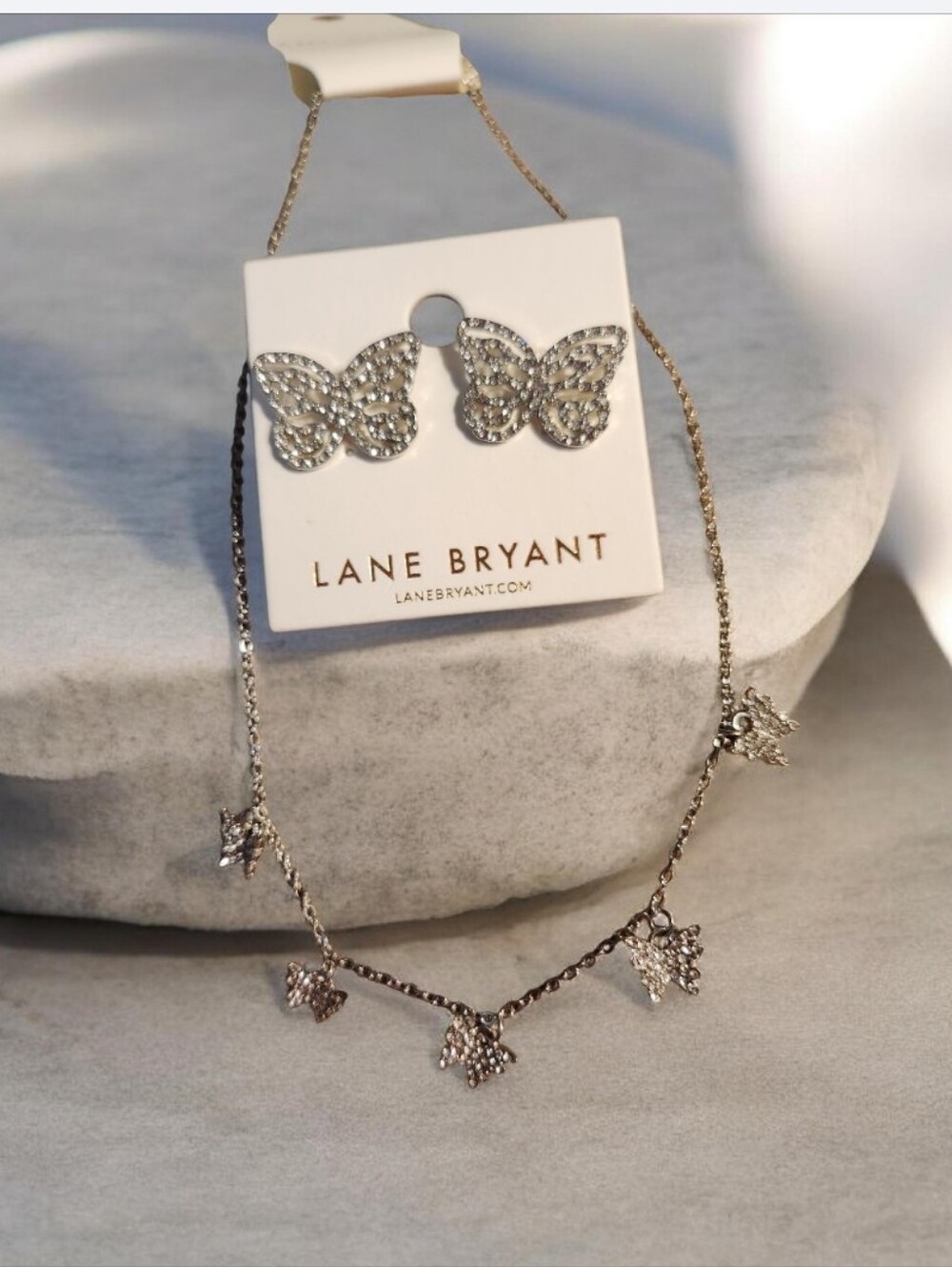 Lane Bryant Siver Tone Crystal Butterfly Necklace & Stud Earrings●selling As Set